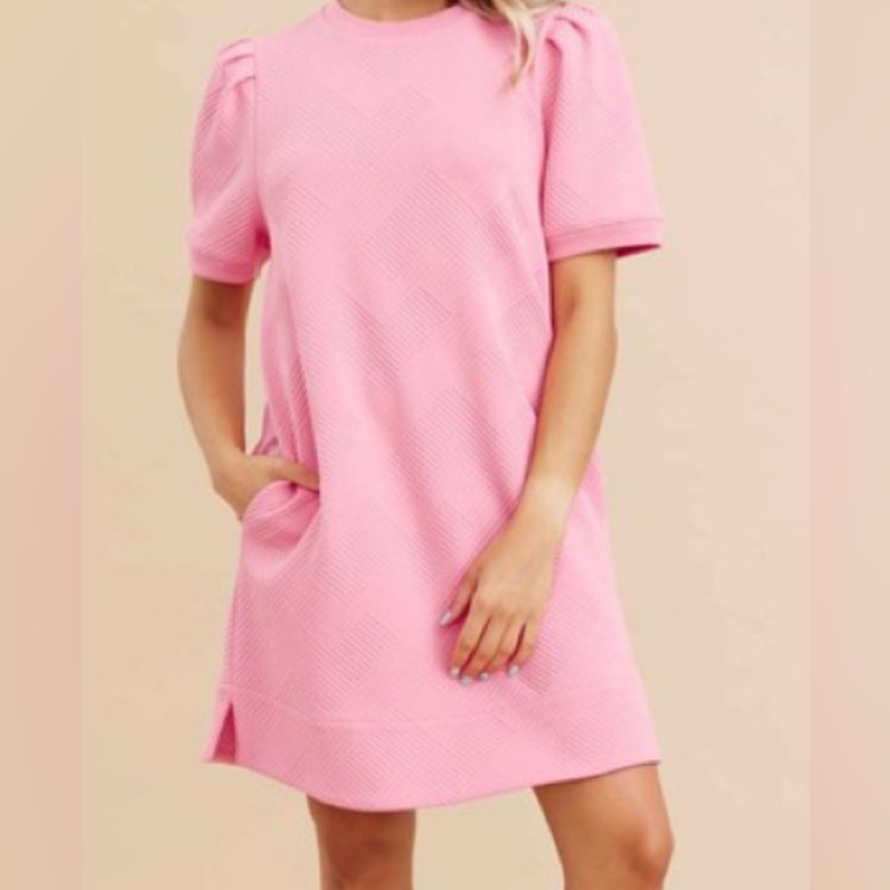 JODIFL Pink Puff Sleeve Casual Dress